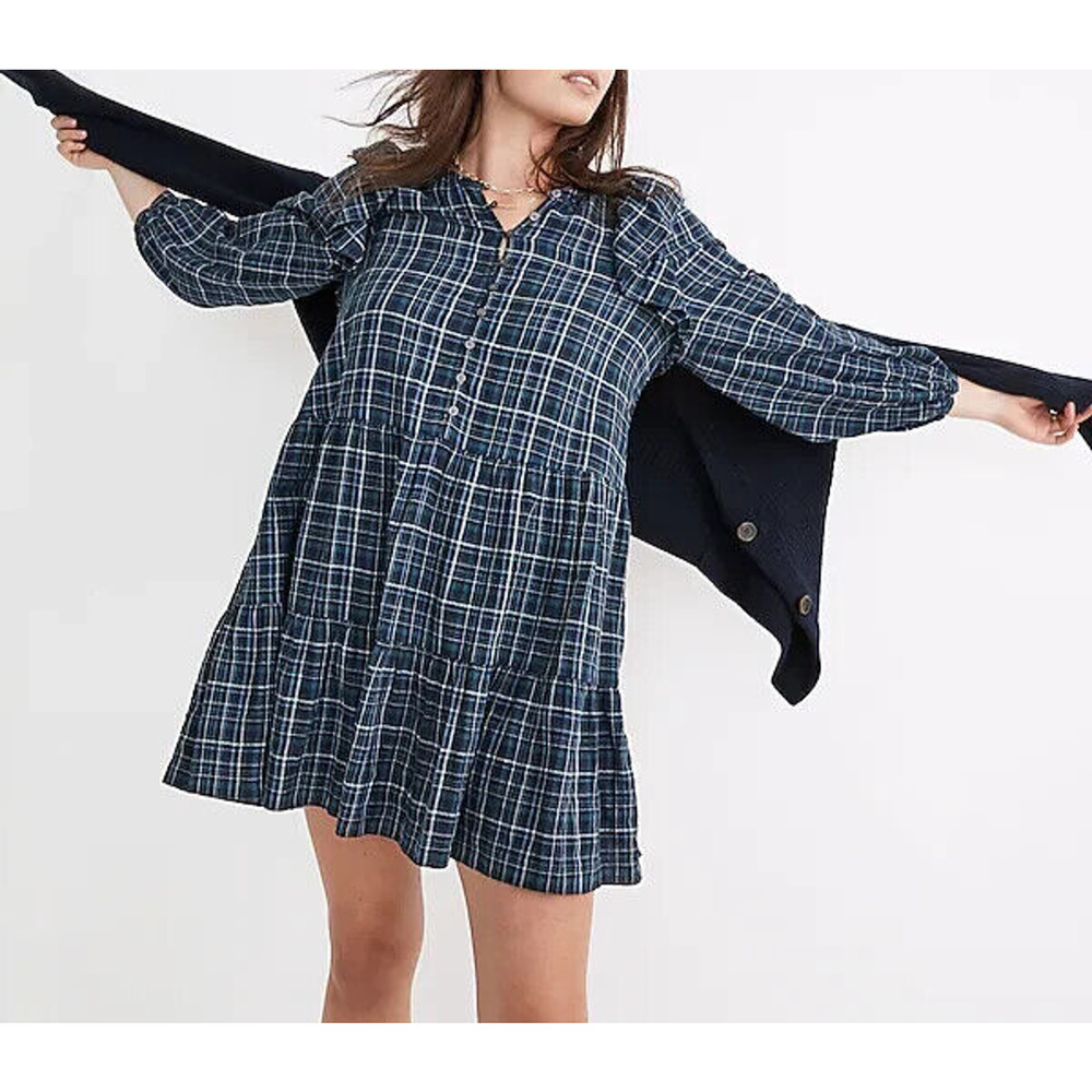NWT Madewell Women's Gauze Ruffle Trimmed Mini Dress in Deep Indigo Plaid Size L